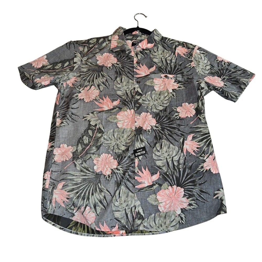 Hurley Mens Medium Floral Button Up Shirt Stretch Short Sleeve Gray‎ Pink